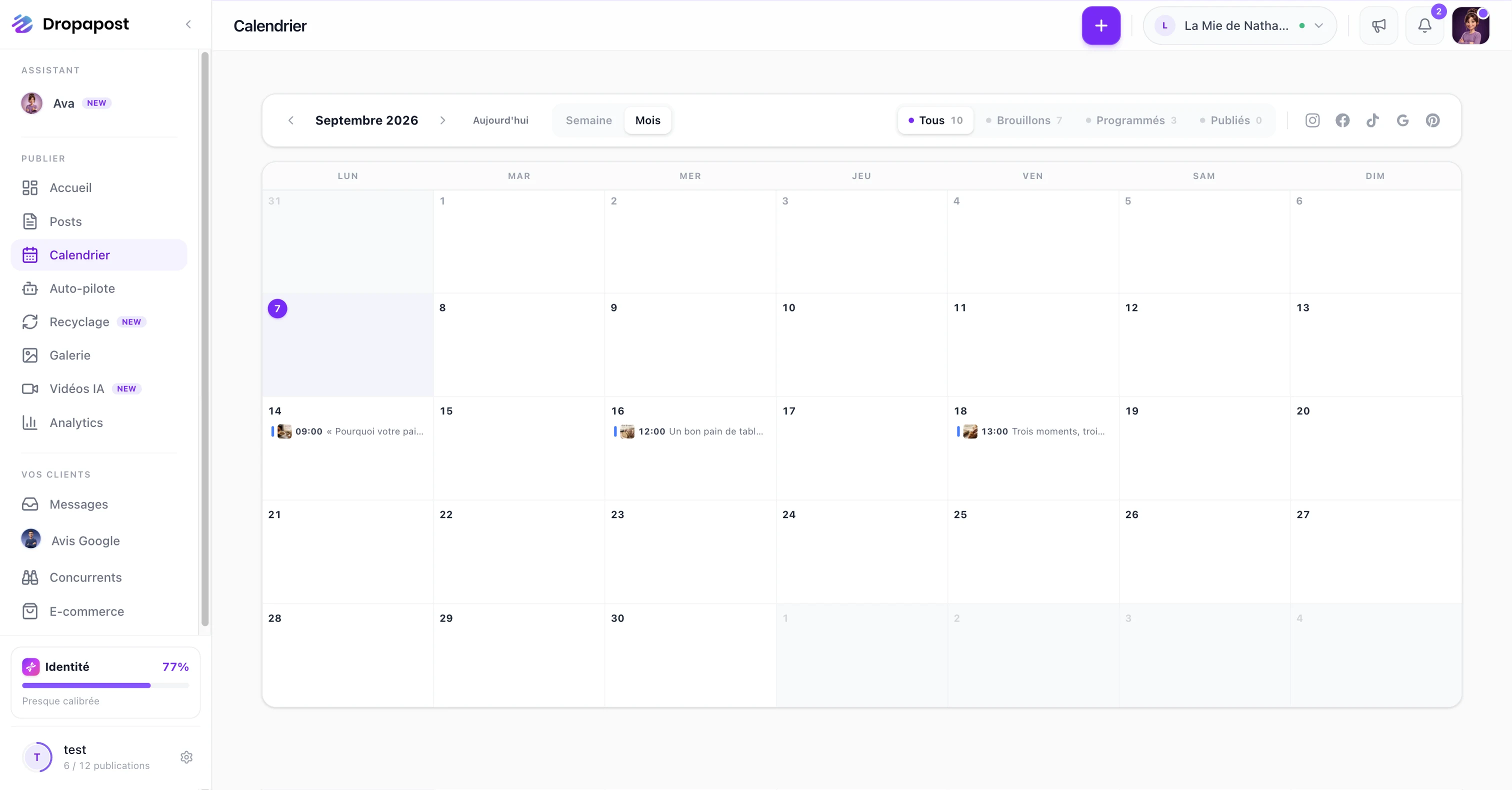 Le calendrier du mois avec les publications programmées