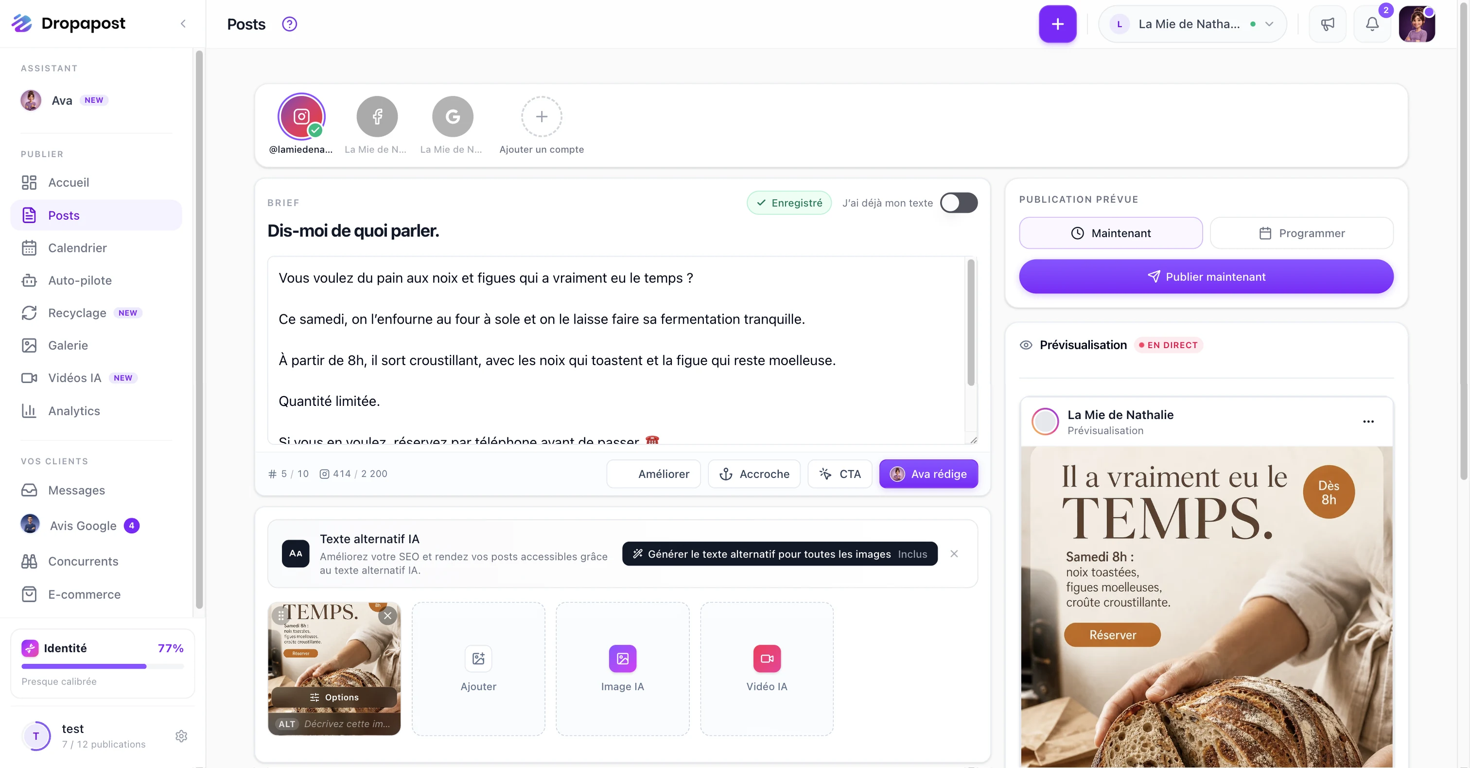La page Créer un post avec le texte écrit par Ava, le visuel généré et l'aperçu Instagram