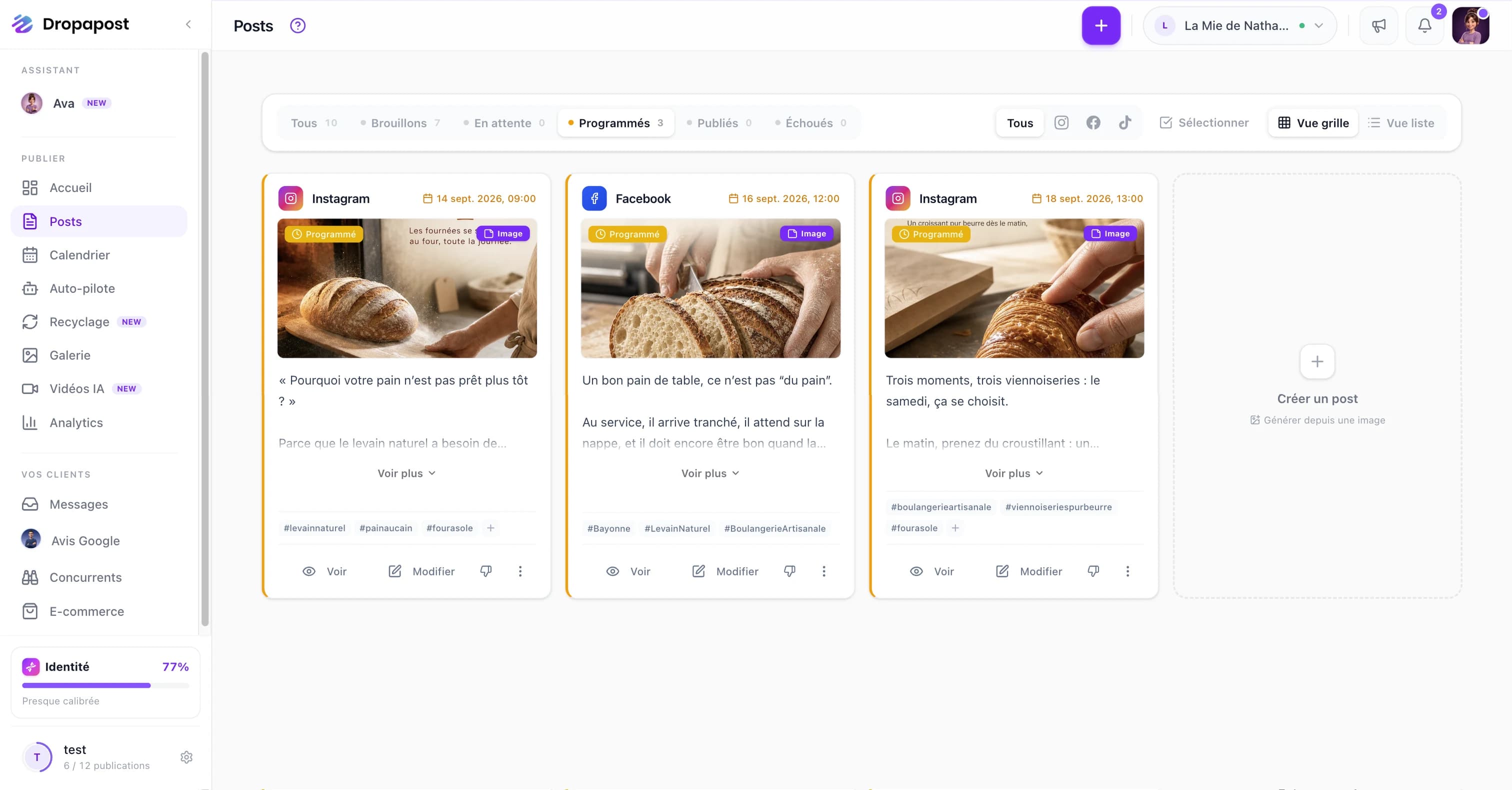 La page Posts de Dropapost filtrée sur Programmés : trois publications d'une boulangerie avec leur date, leur réseau et leur visuel